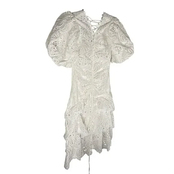 Farm Rio 100% Cotton Eyelet Midi Dress Puff Sleeve Tiered Cottage Farm Summer S - Picture 4 of 12